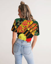 Load image into Gallery viewer, continuospeace1 heritage print Women's Twist-Front Cropped Tee