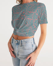Load image into Gallery viewer, Coral & Teal Tribal Lines Women's Twist-Front Cropped Tee