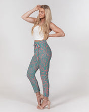 Load image into Gallery viewer, Coral & Teal Tribal Lines  Women's Belted Tapered Pants