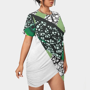 All-Over Print Women’s Stacked Hem Dress With Short Sleeve（Plus Size）