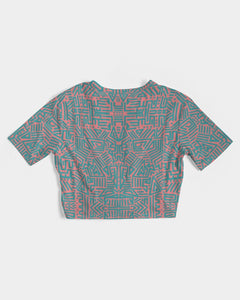 Coral & Teal Tribal Lines  Women's Twist-Front Cropped Tee