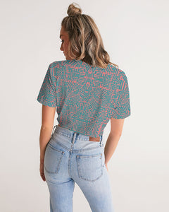 Coral & Teal Tribal Lines  Women's Twist-Front Cropped Tee