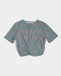 Coral & Teal Tribal Lines  Women's Twist-Front Cropped Tee